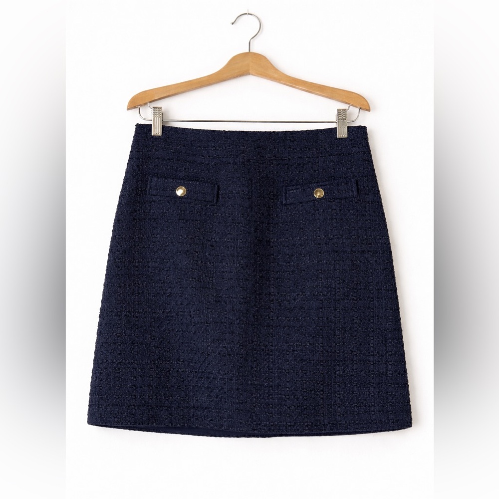 LOFT Navy Tweed Mini Skirt Size 10 Gold Buttons Preppy Old Money Classic